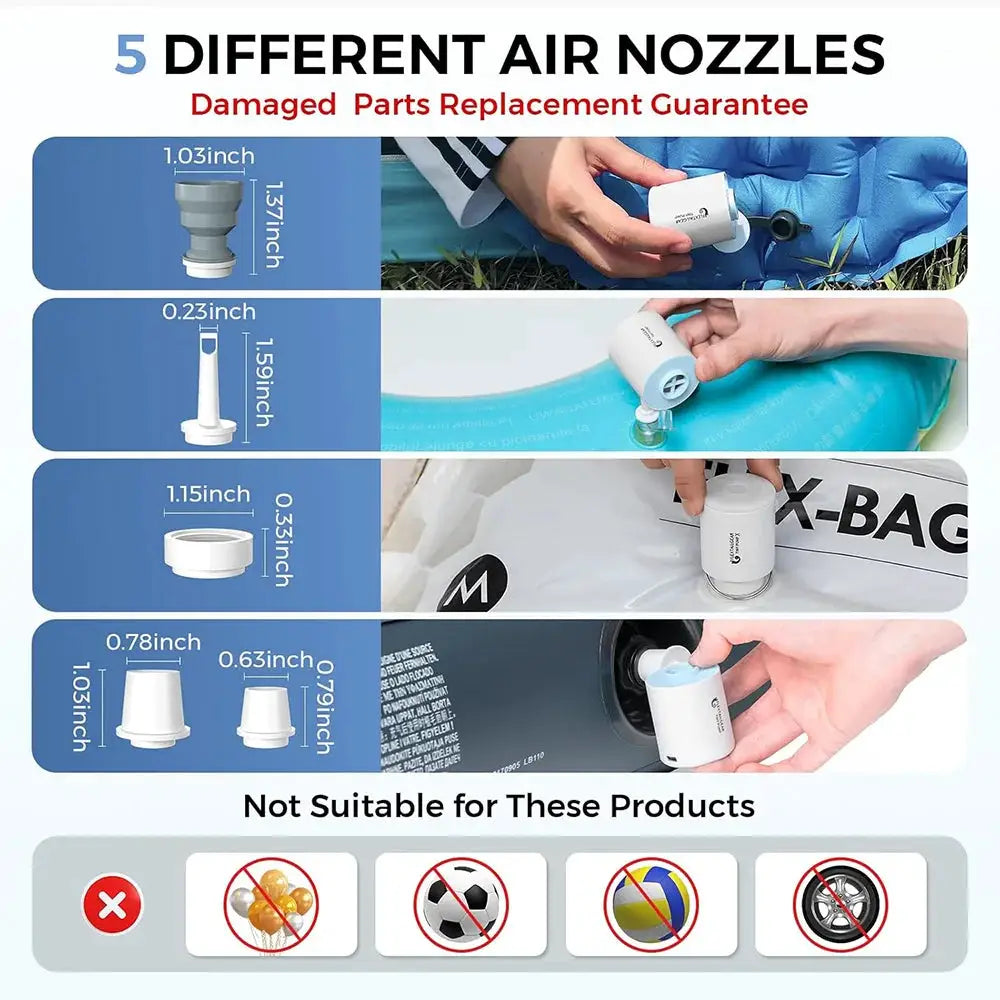 FLEXTAIL portable air pump by Simples Market with 5 nozzle attachments for inflating sleeping pads and vacuum bags