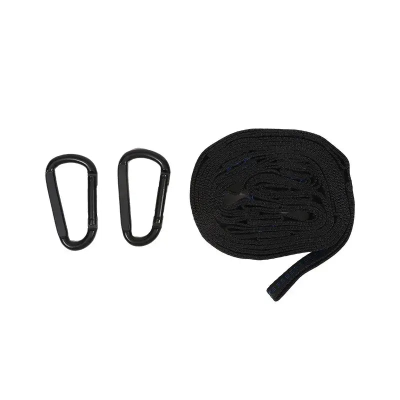 Hammock straps set by Simples Market with 2 black carabiners and a rolled polyester strap, 600 lb capacity.