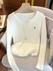 NovaTrend Y2K Embroidered Solid Knitted Top Long Sleeve Cardigan Sweater Slim Fit High Stretch For Autumn Streetwear