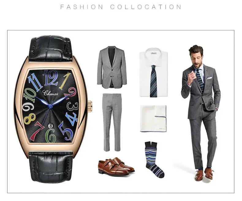 CHENXI men's watch with rose-gold curved case, black dial, colorful numerals, leather strap; watch and suit set.