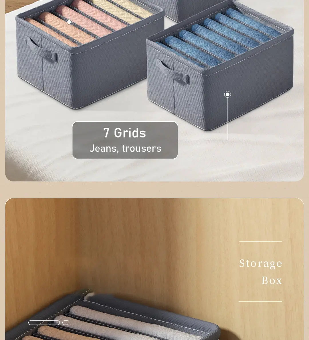 Storage Box by Simples Market, foldable 7-grid organizer in gray fabric for jeans and shirts