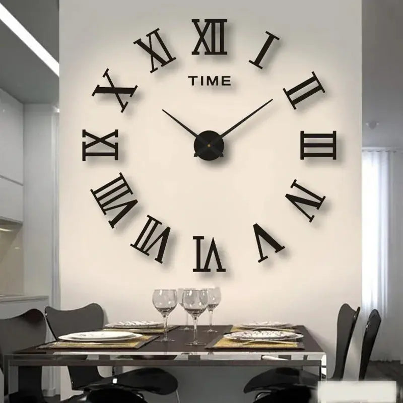 Large wall clock with black Roman numerals, 3D acrylic mirror design for living room decor