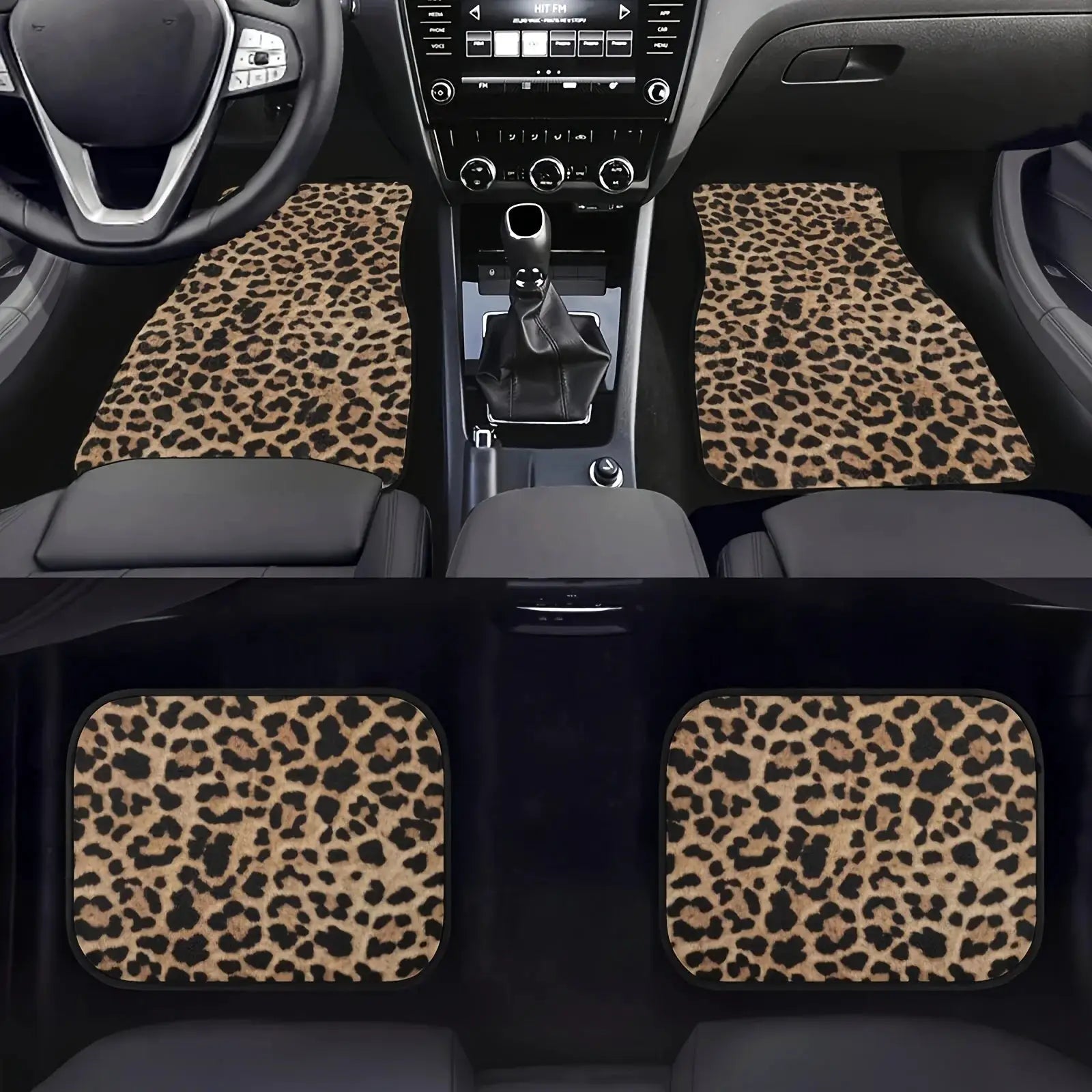 Leopard print car floor mats set, 4-piece, all-weather universal size, fits front and rear seats, Simples Market.