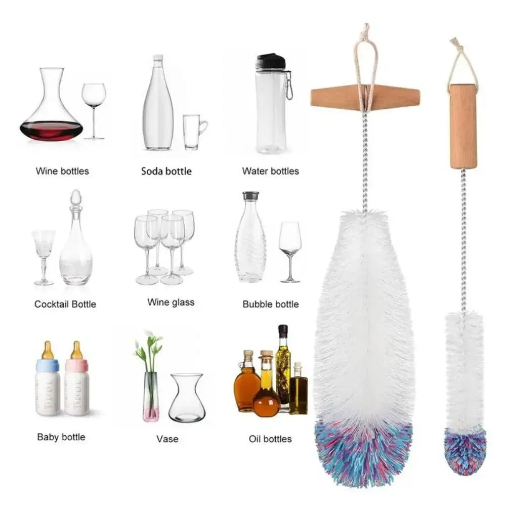 Two-piece Simples Market bottle brushes with beechwood handles and colorful bristles for glassware cleaning