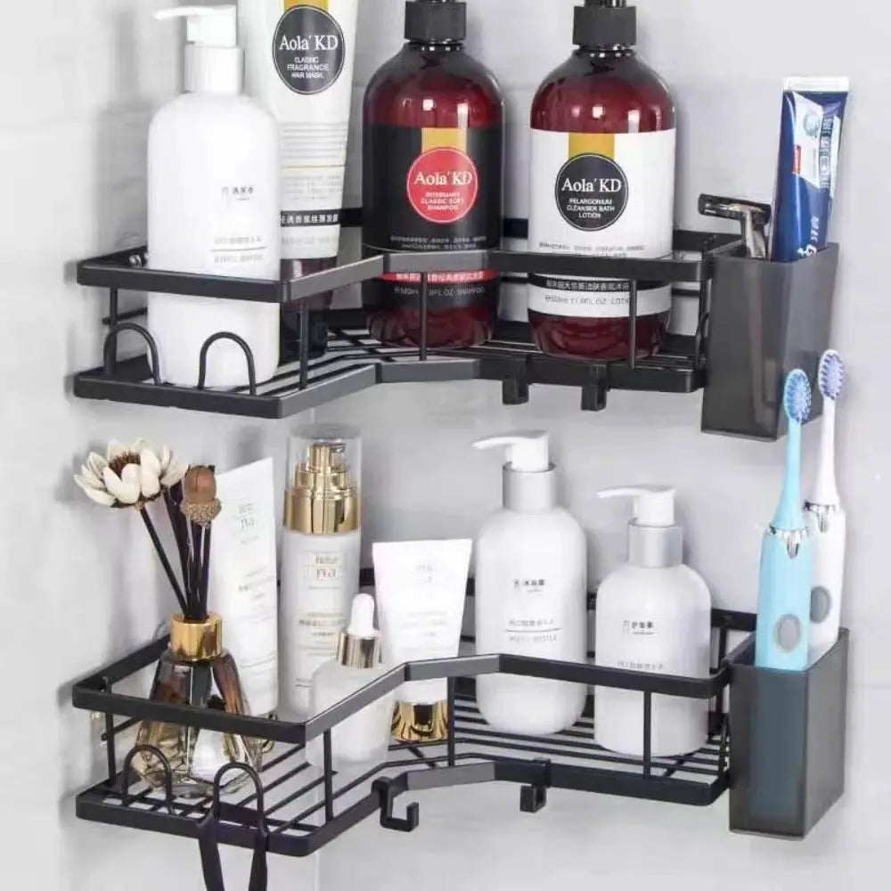 No-drill triangle double-layer wall shelf, Simples Market, black finish for bathroom/kitchen with bottle holders