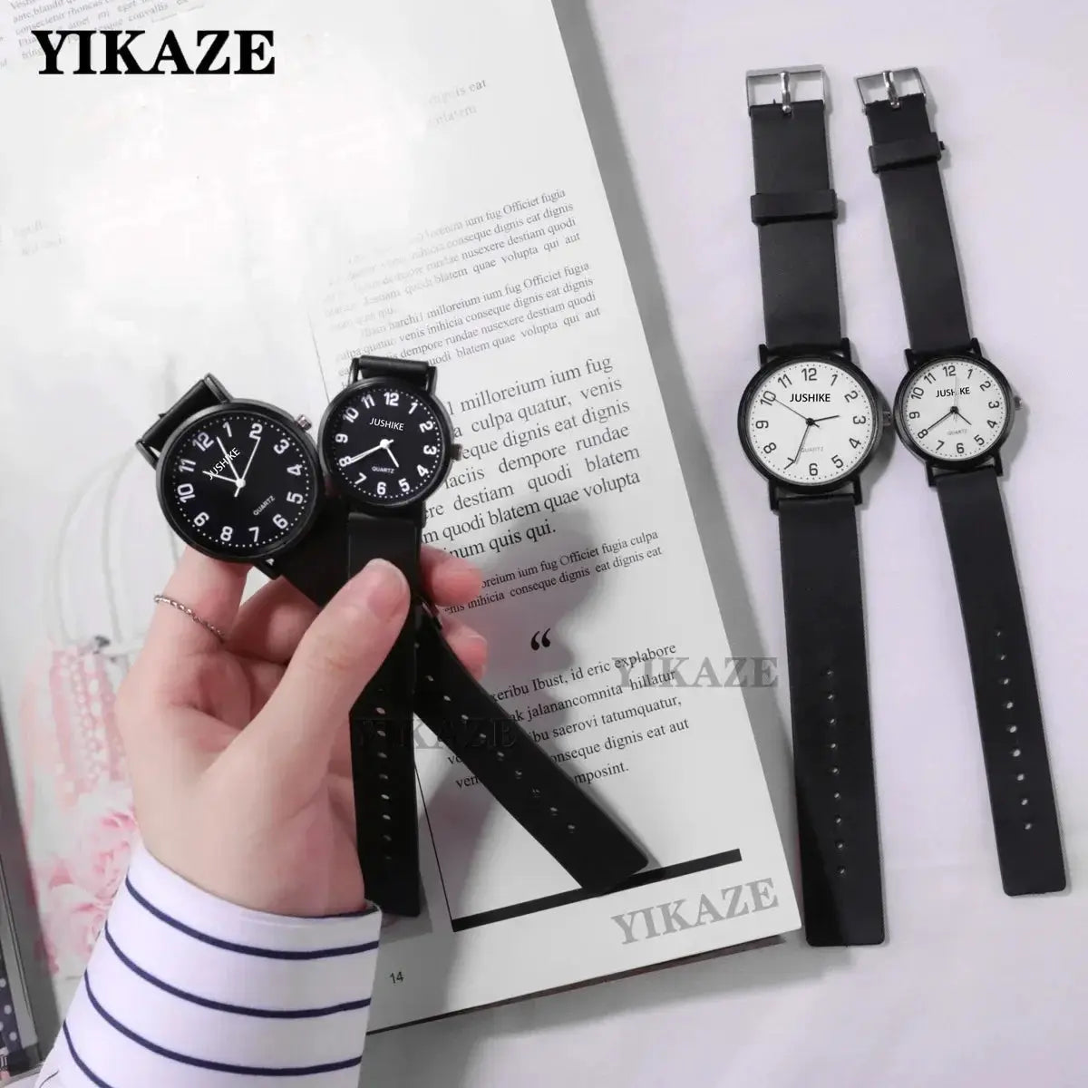 NovaTime Minimalist Black And White Women Quartz Watch With Vegan Leather Strap For Everyday Wear