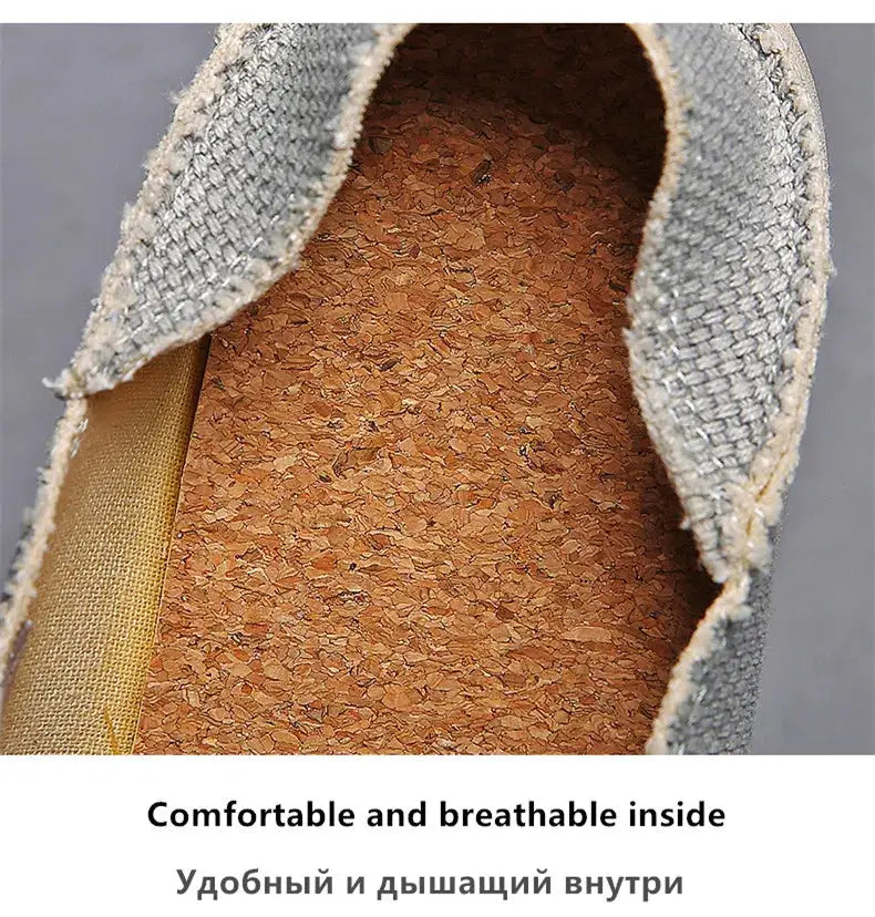 Men's grey canvas slip-on casual shoes with a cork insole