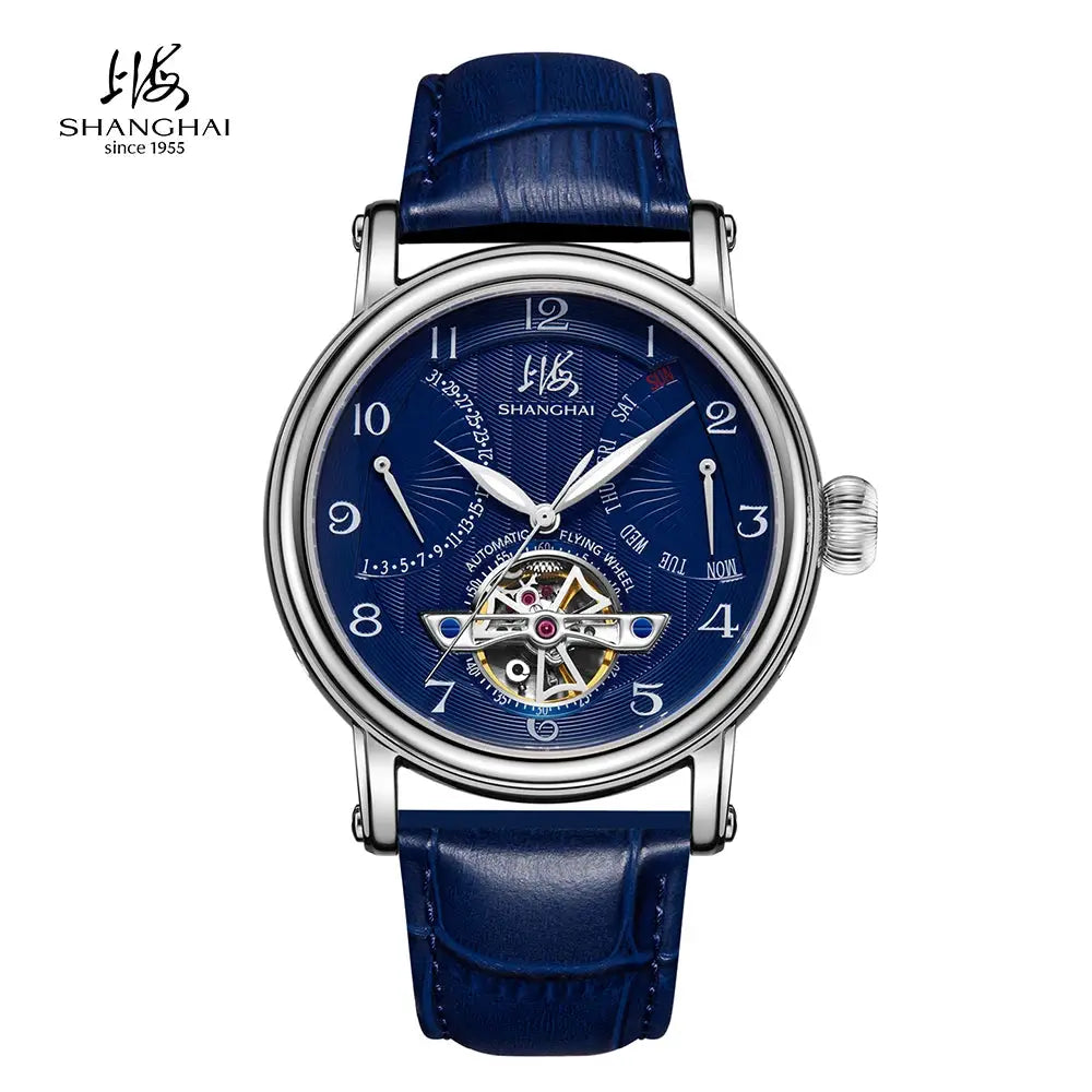 Shanghai 42mm automatic mechanical watch with blue dial, sapphire crystal, stainless steel case, blue leather strap