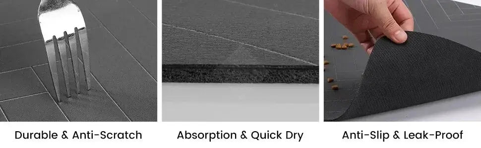 Absorbent Pet Mat for dog and cat bowls, dark gray, waterproof and non-slip with quick-dry, available in S/M/L.