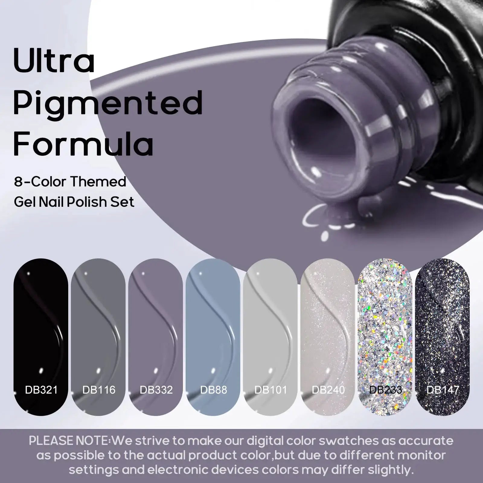 Gel nail polish set Simples Market; 8-color swatch palette with glitter and solid finishes.