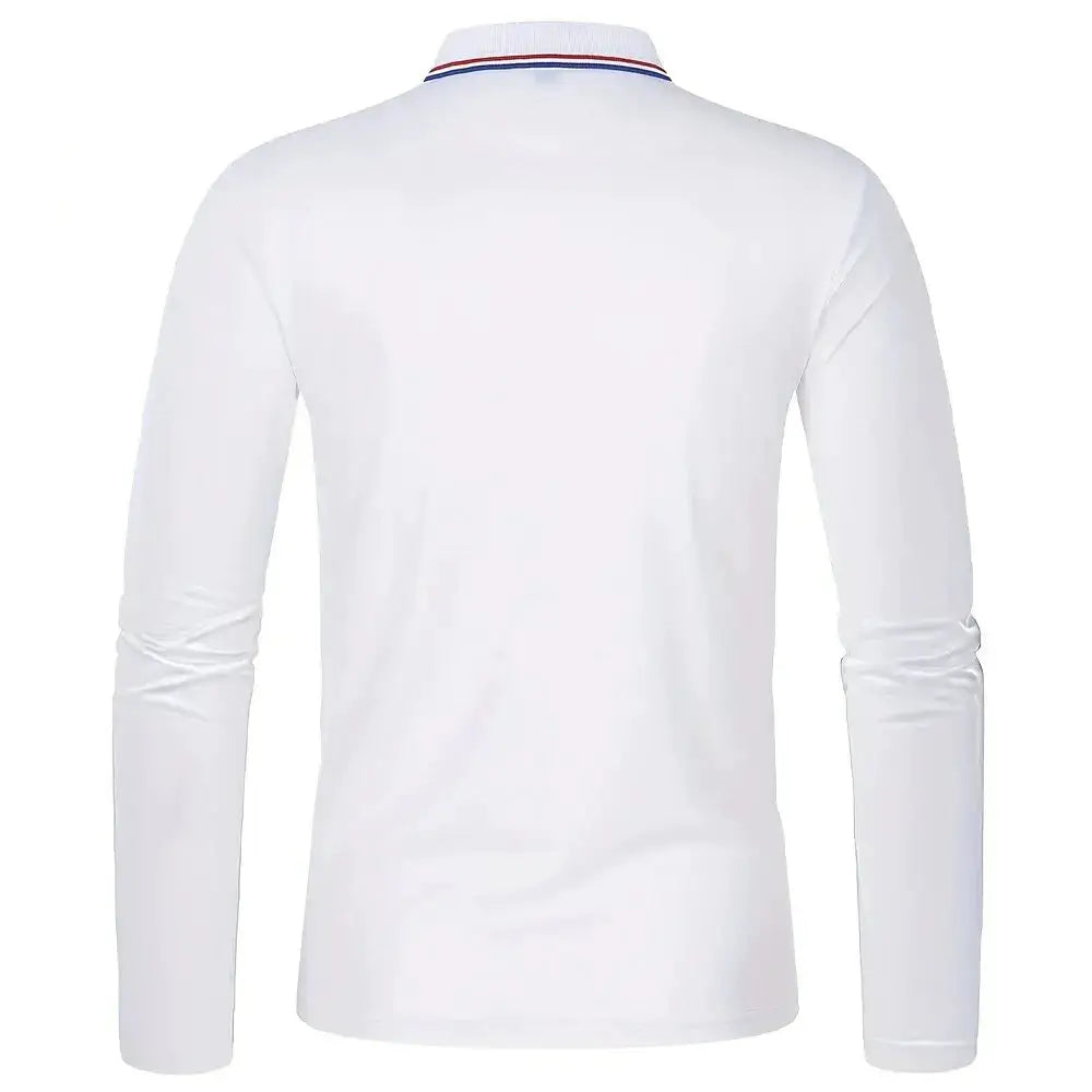 Simples Market men's white long-sleeve polo shirt with striped collar
