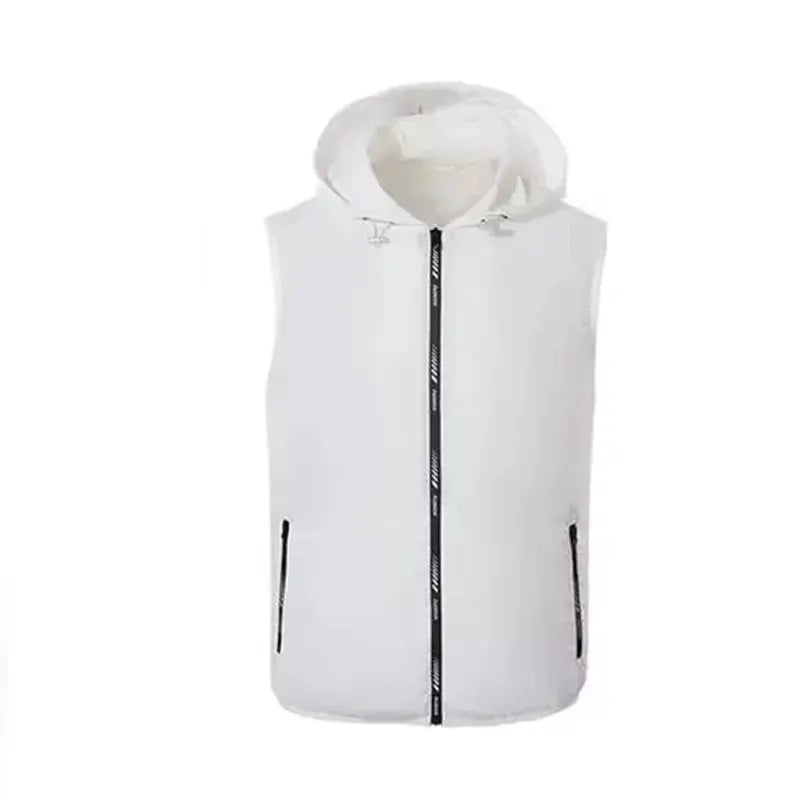 White hooded ultralight outdoor vest with front zipper and zippered side pockets