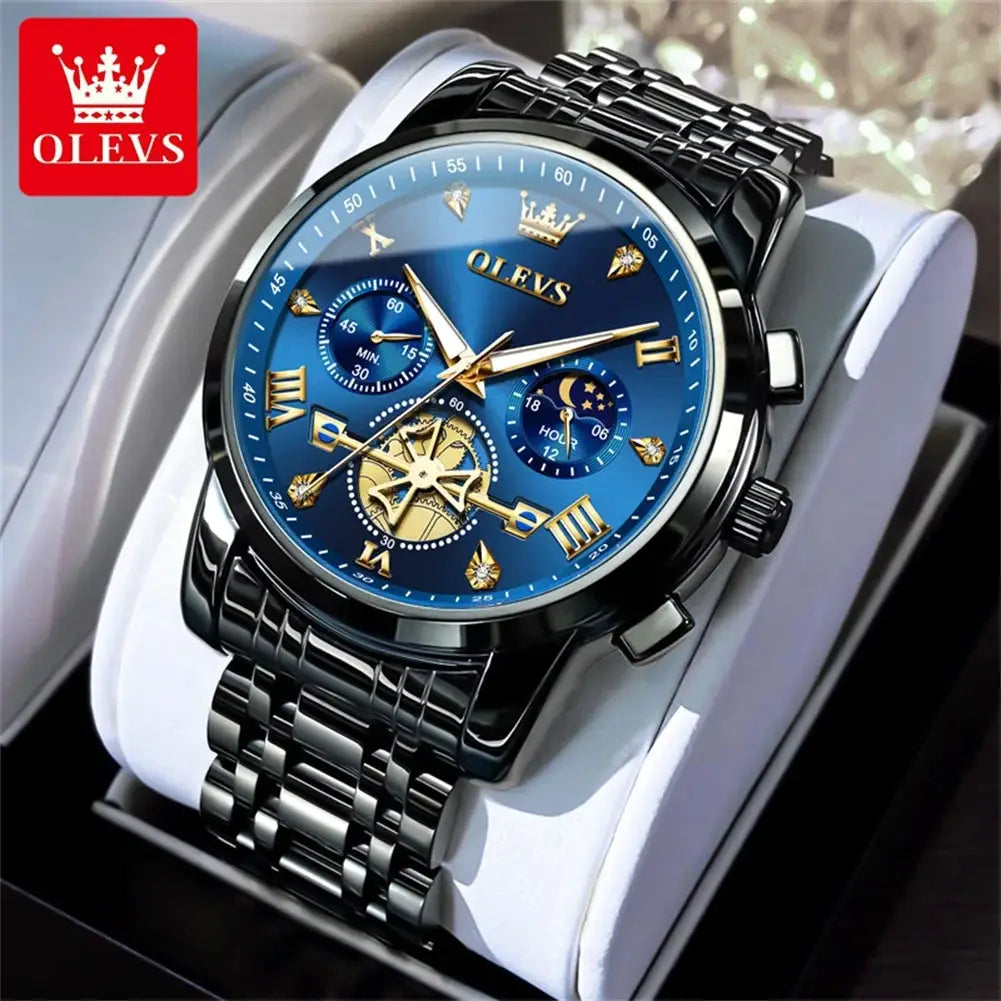 OLEVS luxury men's watch with blue dial, moon phase, gold accents, Roman numerals, stainless steel bracelet.