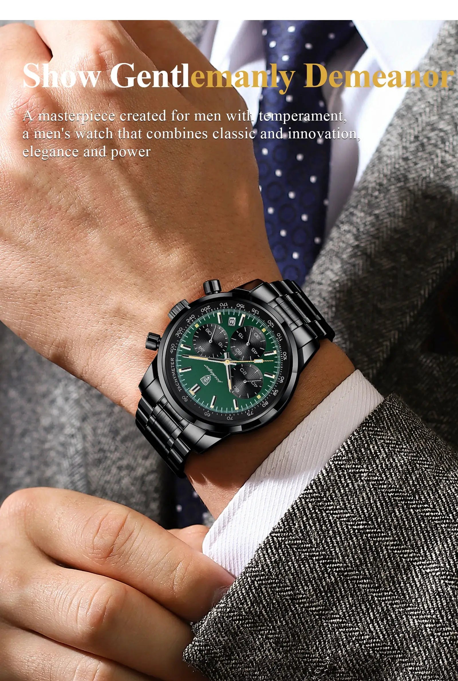 POEDAGAR top luxury men's watch on a black stainless steel bracelet with green chronograph dial and date feature.