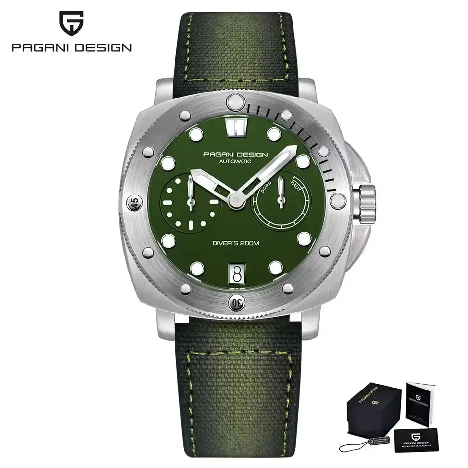 Pagani Design men's automatic diver watch with green dial, green strap, stainless steel case, 200m waterproof