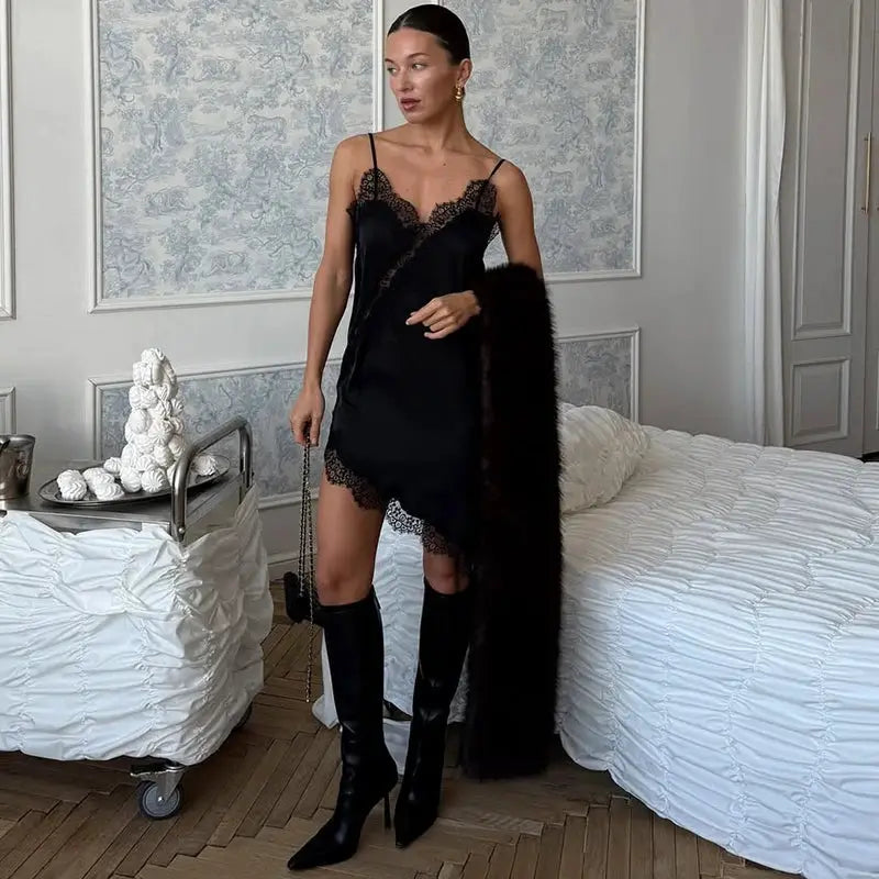 Tornova Lace Mini Spaghetti Strap Dress Backless Slit Bodycon Evening Party Dress High Waist