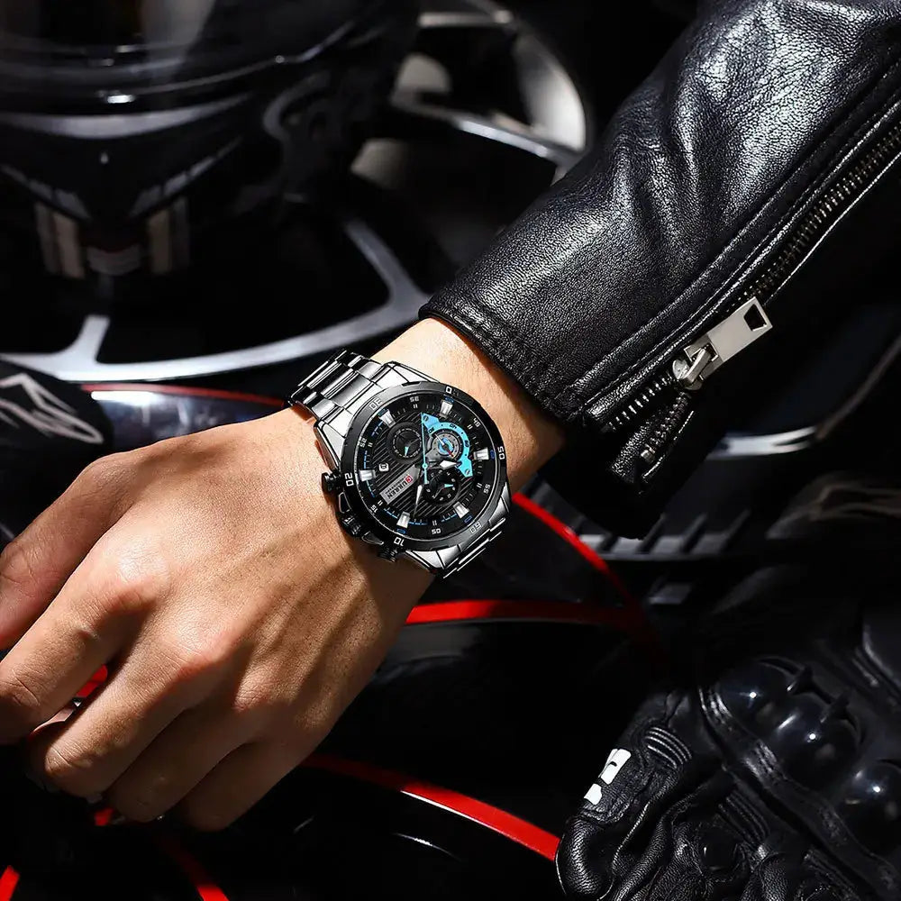 Curren 8402 men's stainless steel chronograph wristwatch with luminous blue-accented dial