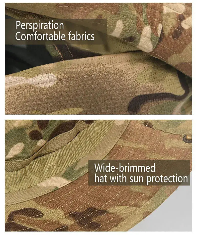 Simples Market camouflage boonie hat for outdoor hiking and fishing; wide brim with sun protection, adjustable strap