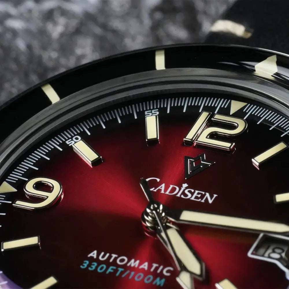CADISEN men's automatic wristwatch with red gradient dial and luminous hands