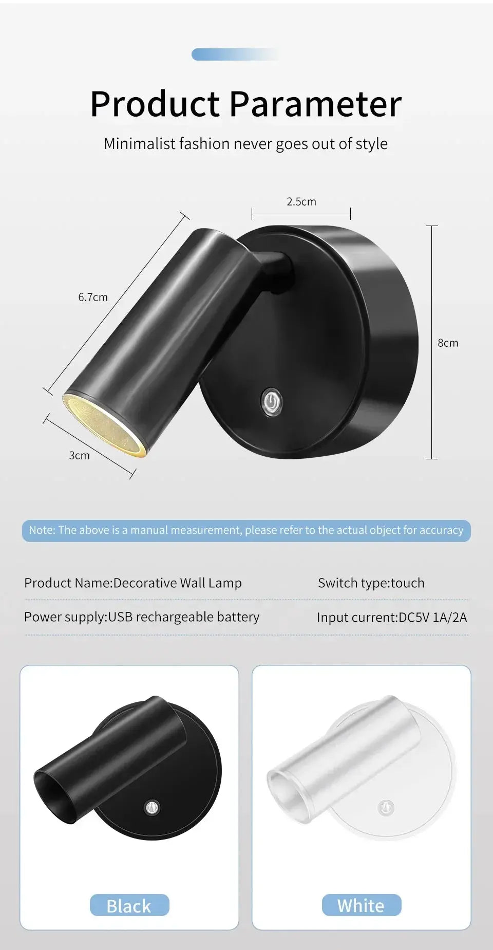 Rechargeable LED Wall Lamp by Simples Market, black metal magnetic spotlight, 360° rotation
