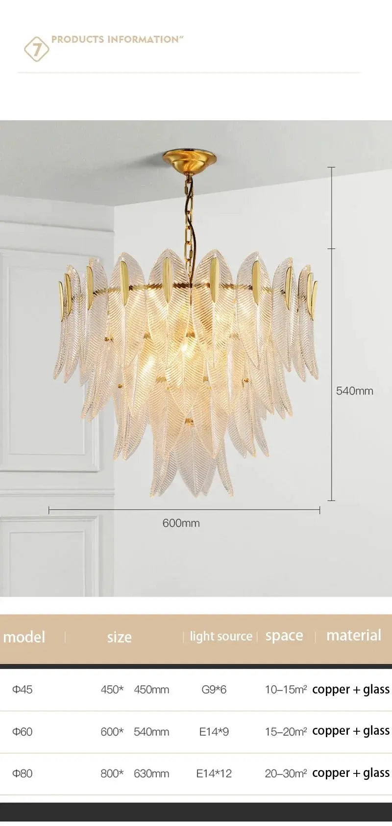 Glass chandelier pendant lamp by Simples Market with gold-tone chain and clear leaf glass panels