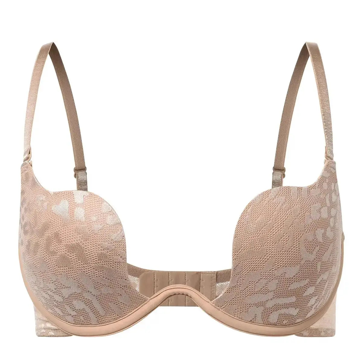 Nude lace underwire push-up bra with padded cups and adjustable straps