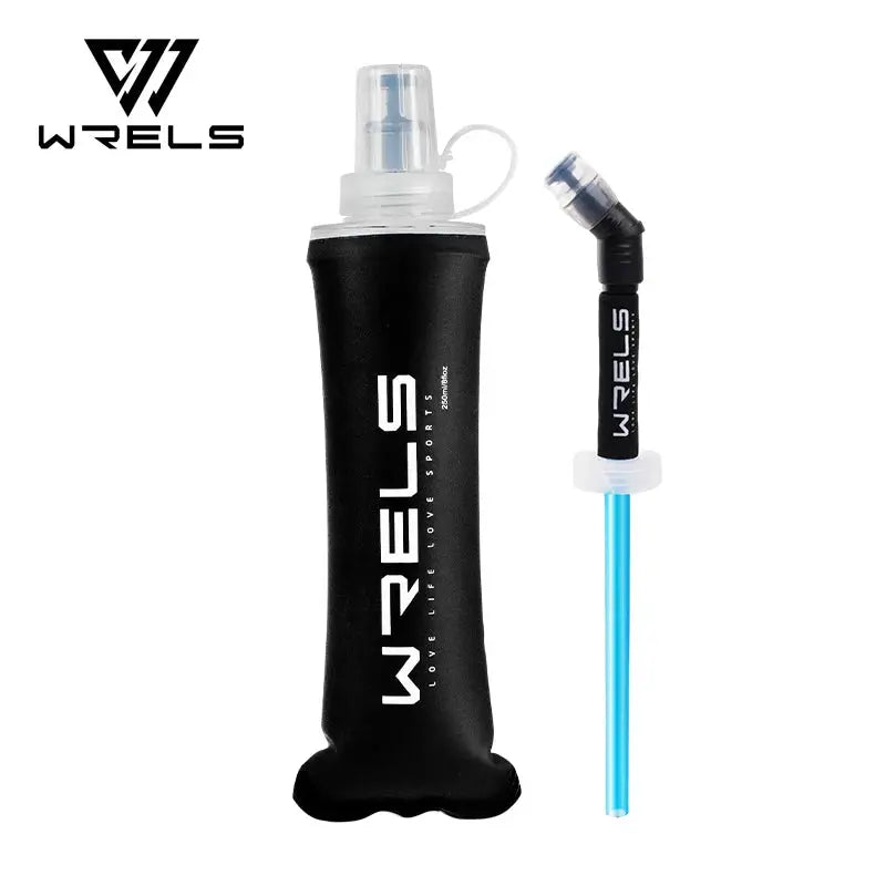 WRELS soft flask hydration bottle; black TPU, ultralight collapsible, BPA-free with blue straw attachment