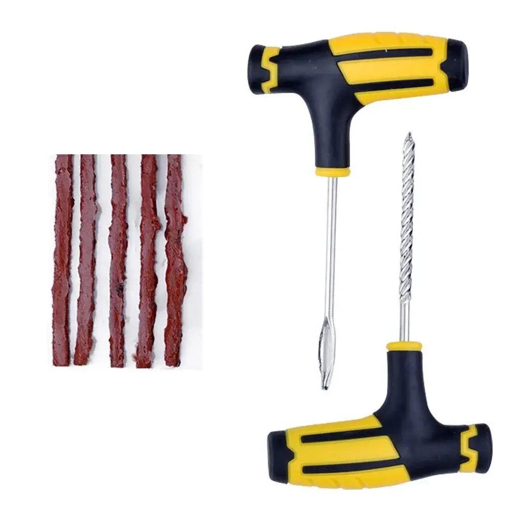 Simples Market tire repair kit with six red tubeless repair strips and yellow/black T-handle tools with drill bit
