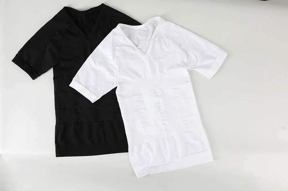 Simples Market men's short-sleeve V-neck compression T-shirt set of two in black and white, tummy-control shapewear tops