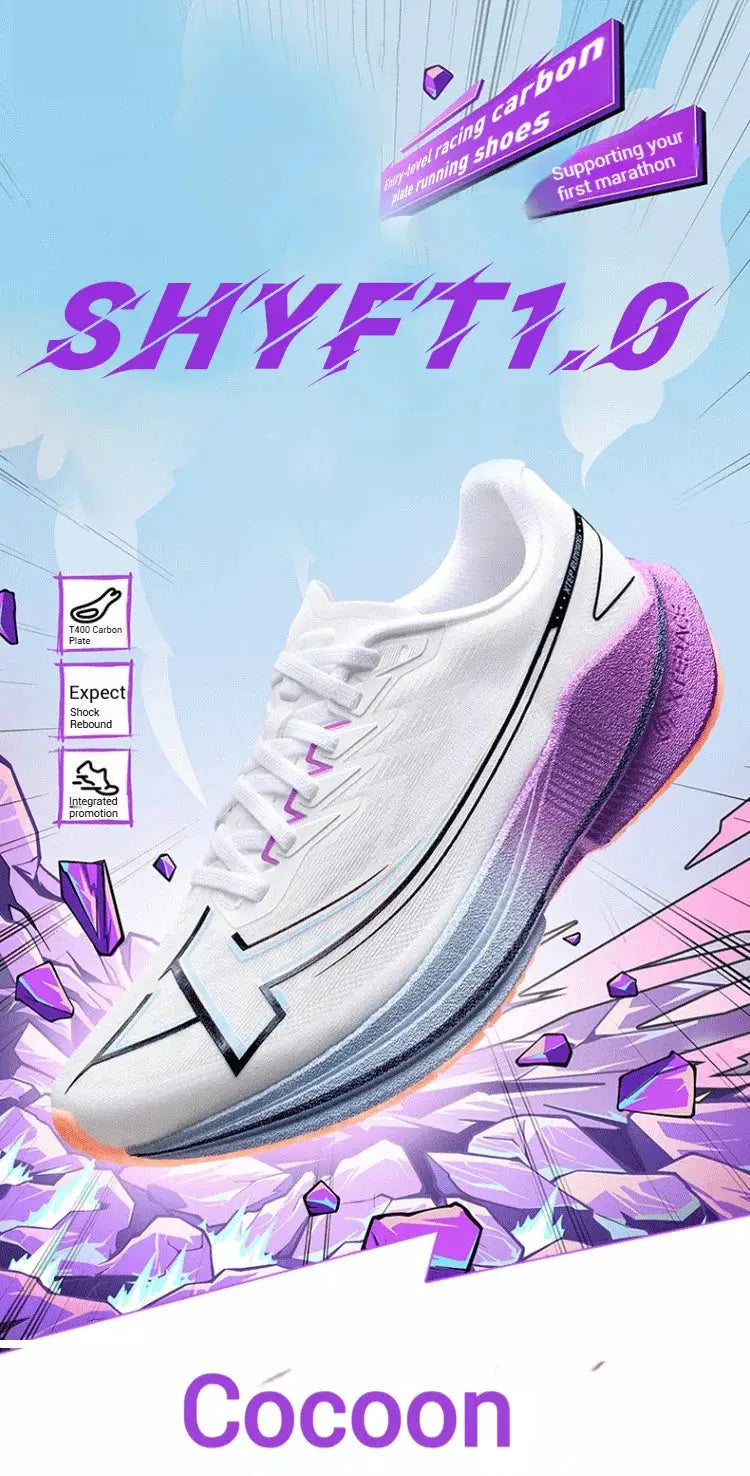 Xtep Shyft 1.0 running shoes, white upper with purple gradient sole
