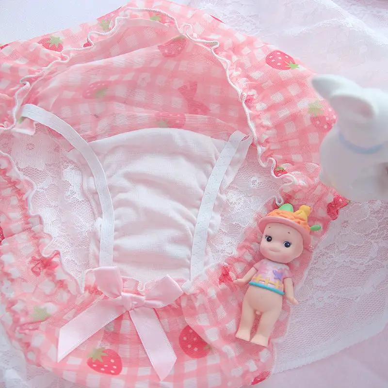 Panties pink strawberry-printed mesh underwear with ruffle trim and bow