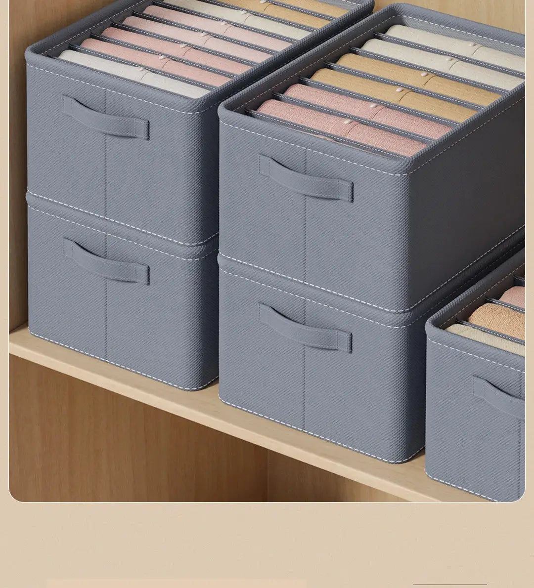 Gray fabric pants storage boxes, 3-pack with top grid dividers and side handles, on a wooden shelf