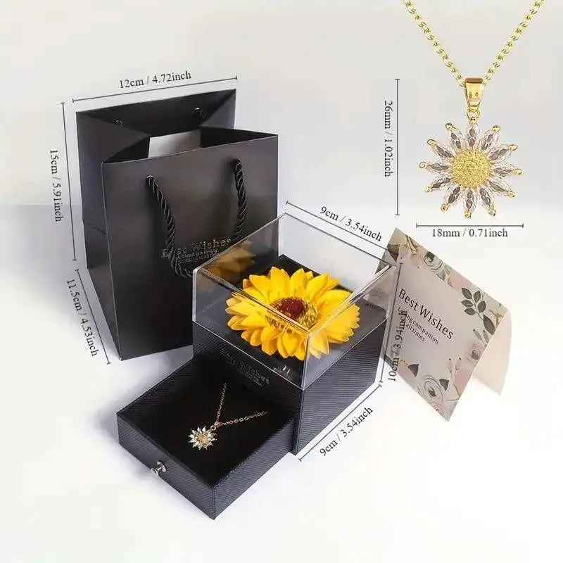 Sunflower Necklace Gift Box by Simples Market; yellow sunflower pendant on gold-tone chain in clear display box