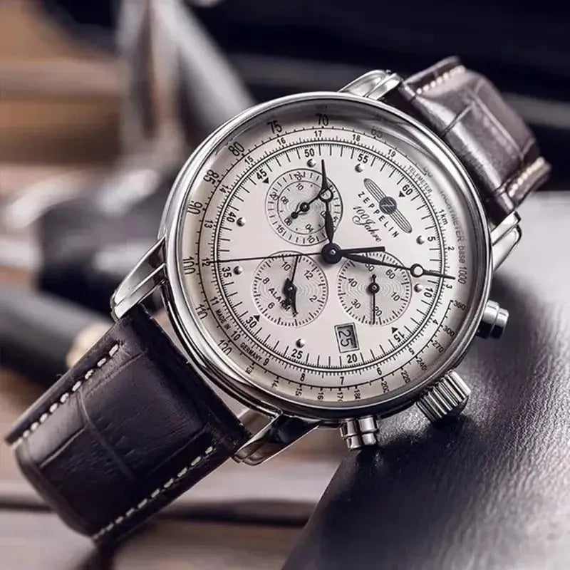 Zeppelin Airship commemorative men's automatic watch with silver case and black leather strap