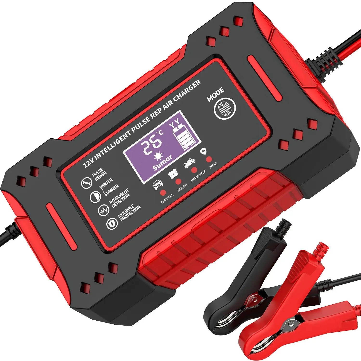 Simples Market 6A 12V car and motorcycle battery charger with LCD display and red/black clamps
