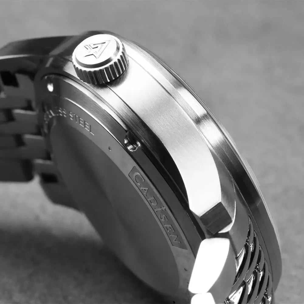 CADISEN automatic mechanical men's watch in silver stainless steel with bracelet and crown, Miyota 8215 movement