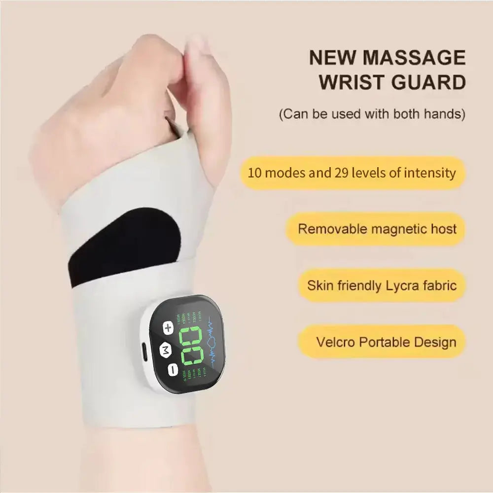 EMS cordless wrist massager by Simples Market on forearm with white Lycra sleeve and green digital display