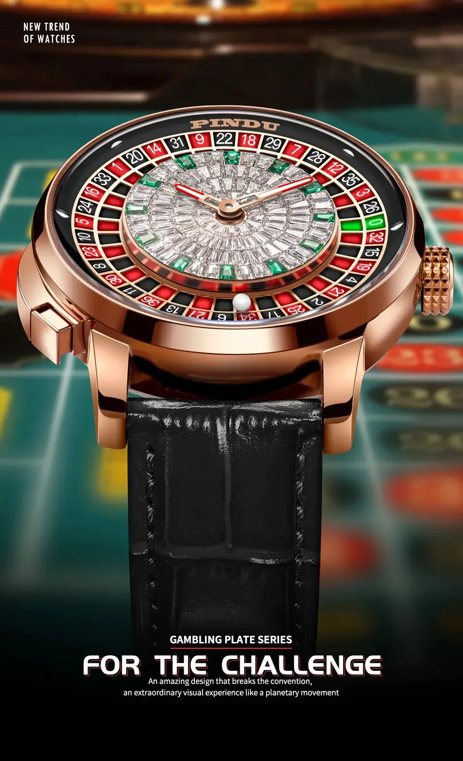 PINDU Design NH35A mechanical men's watch with roulette-style diamond dial, rose-gold case