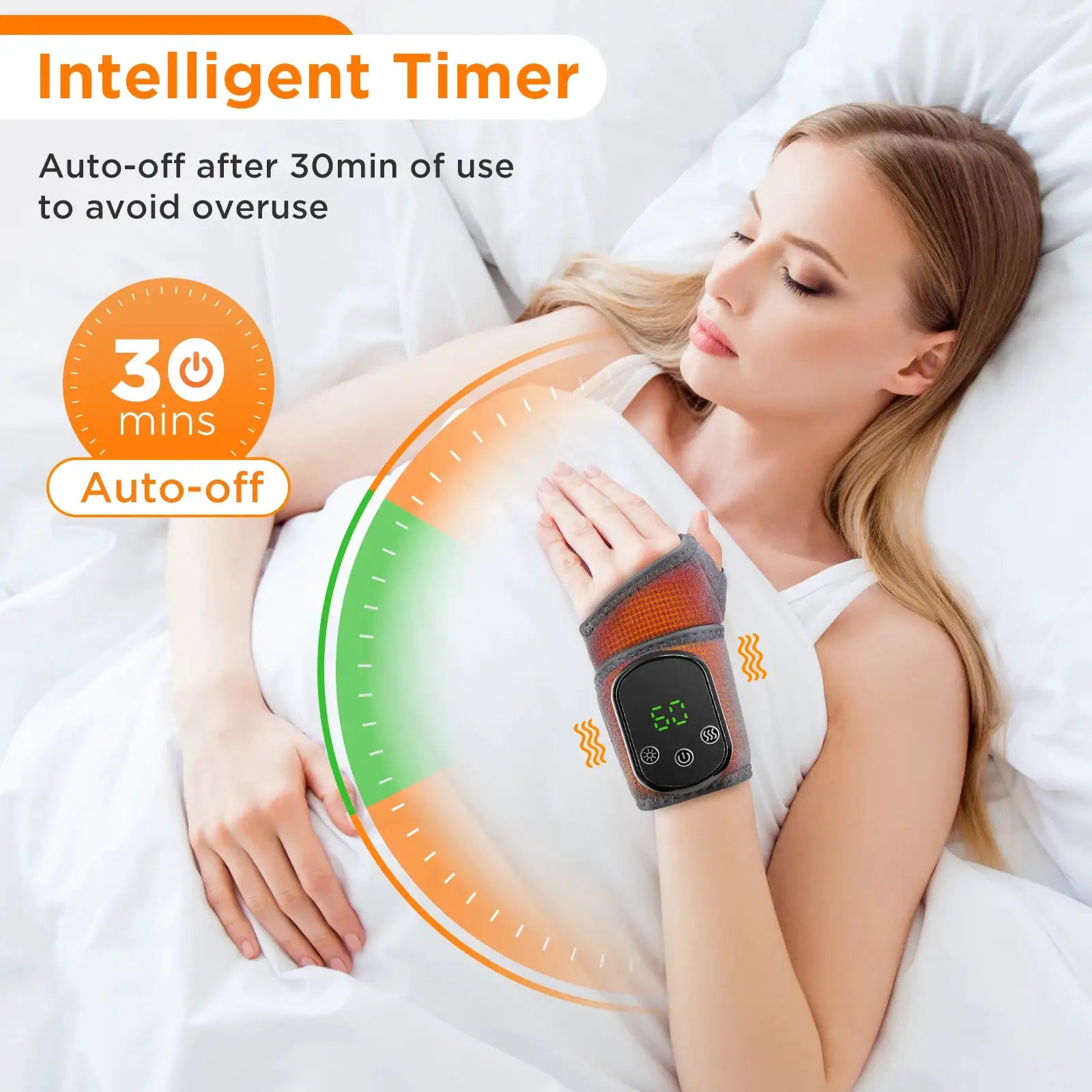 Cordless heated wrist massager wrap with digital display and orange-gray strap by Simples Market