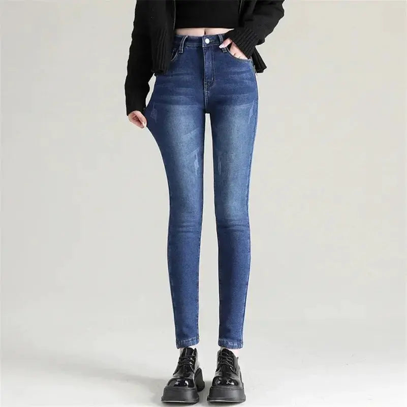 Women Thermal Skinny Jeans With Plush Lining Warm Winter Denim Pants