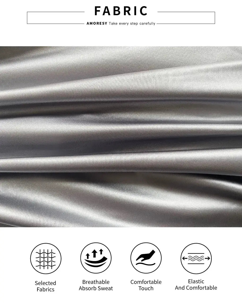 AMORESY wetlook metallic silver fabric swatches with glossy folds