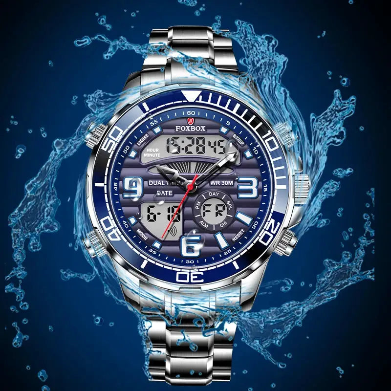 Foxbox men's stainless steel sport watch with blue dial, digital-analog display, 30m water resistant, includes box