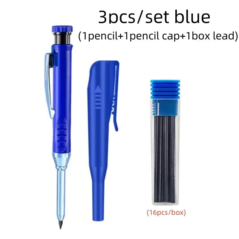 Simples Market blue carpenter pencil set, 3 pcs: mechanical pencil, cap, and 16 leads in a box