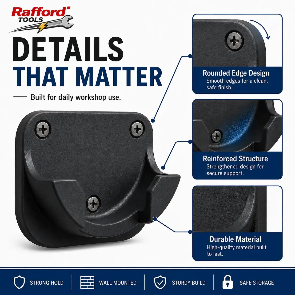 Rafford Tools angle grinder wall mount holder; heavy-duty black wall bracket for garage workshop storage