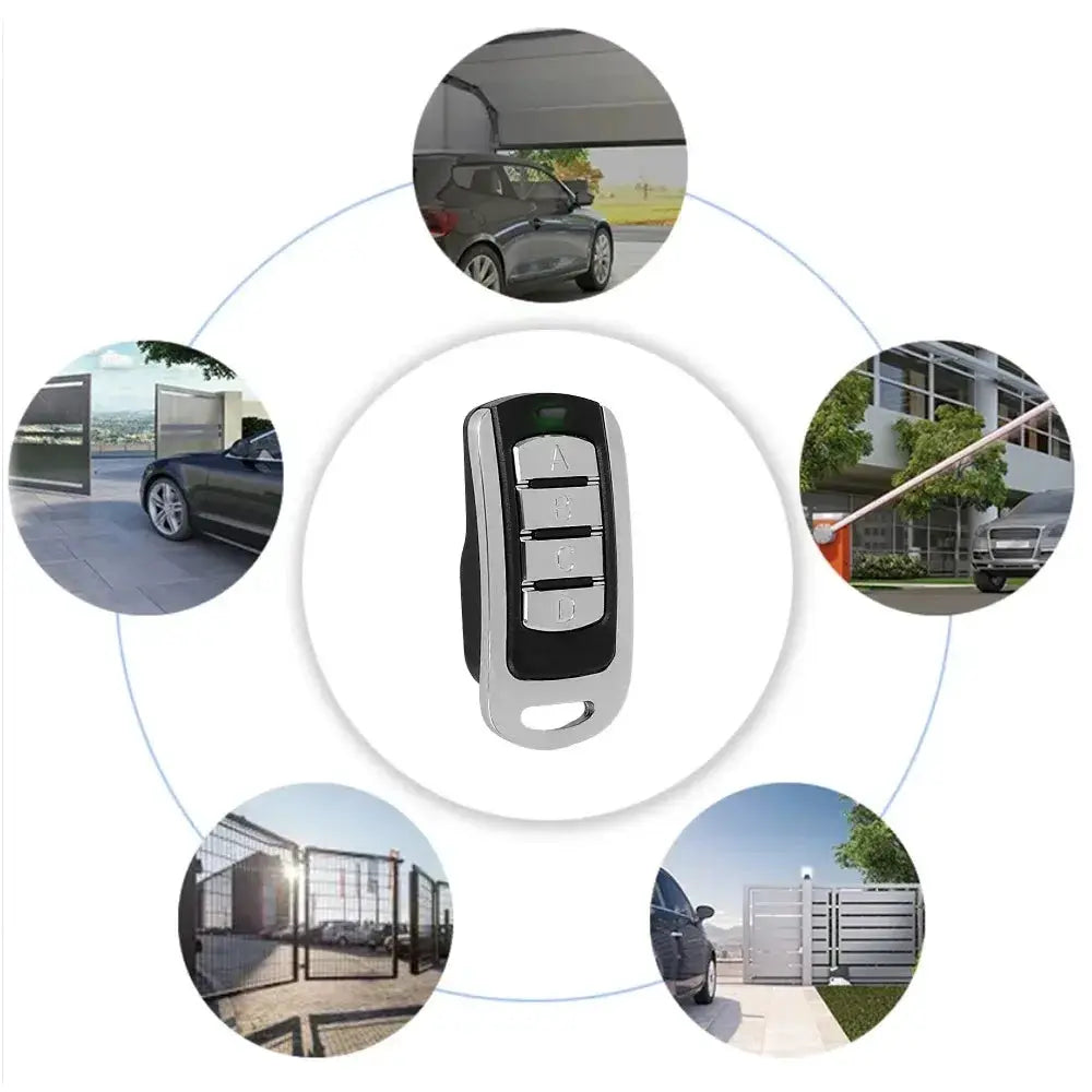 4-in-1 remote duplicator key fob for garage and gate, multi-frequency 280–868 MHz, black with silver buttons