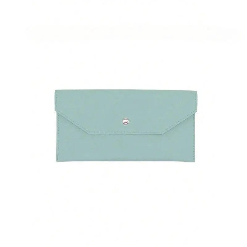 Womens teal leather wallet with envelope flap and snap closure