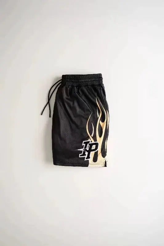 Men's black shorts with gold flame graphic and LP logo.