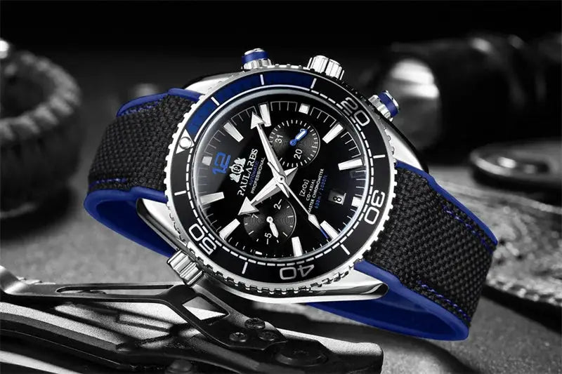 PAULAREIS P luxury men's automatic watch by Simples Market with black dial, blue bezel, rubber strap