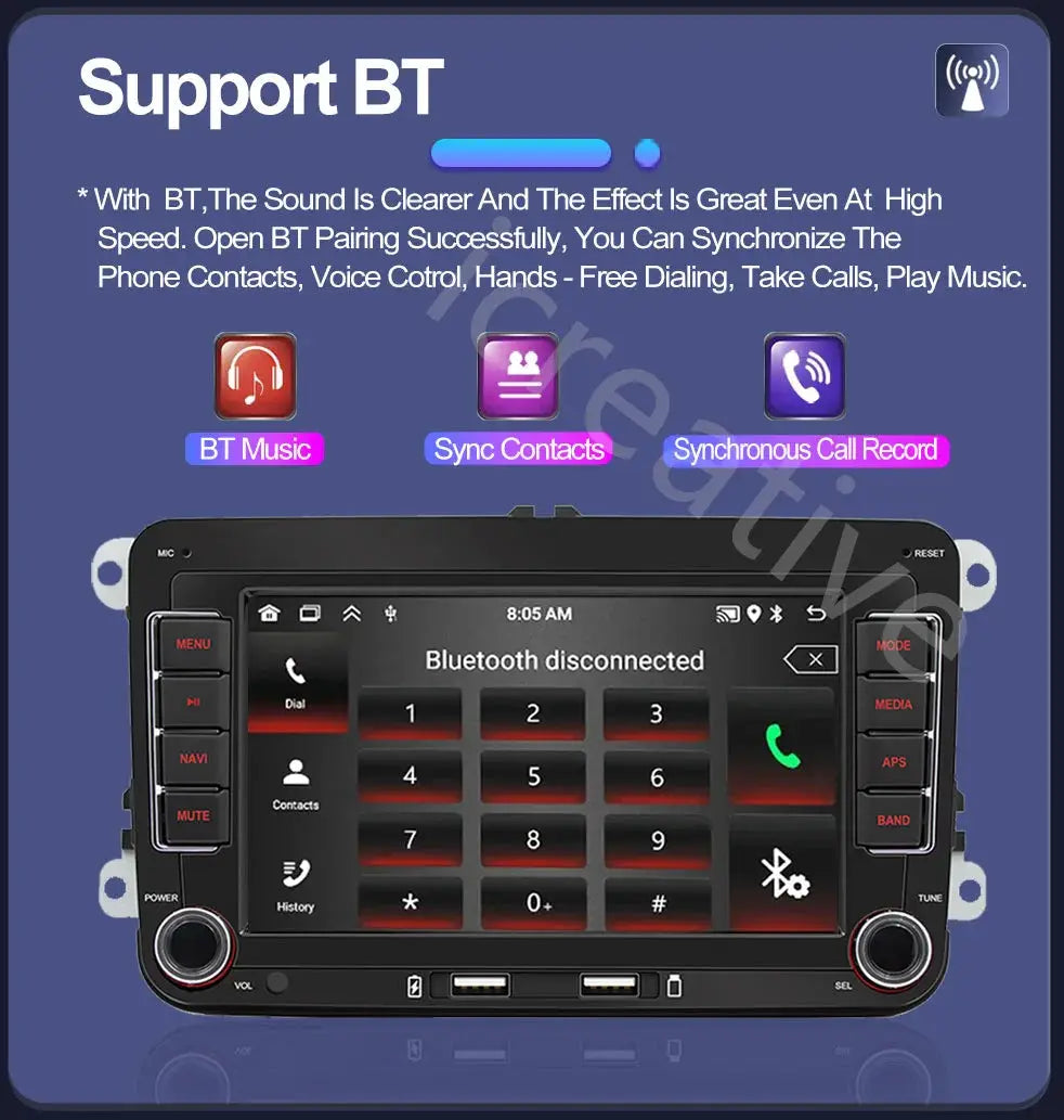 2Din Android car radio for VW/Skoda with Bluetooth, GPS navigation and CarPlay