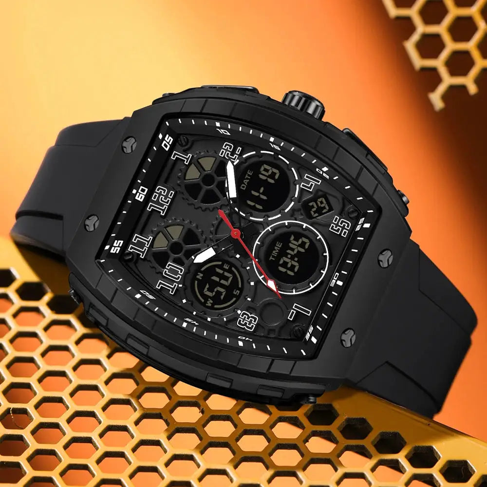 SANDA Tonneau Dial Digital Watch for Men Military Sport Dual Time Analog Digital LED Waterproof Wrist Clock